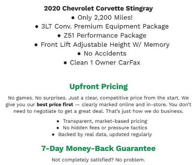 2020 Chevrolet Corvette Stingray 2dr Stingray Conv w/3LT *** LOW MILES***