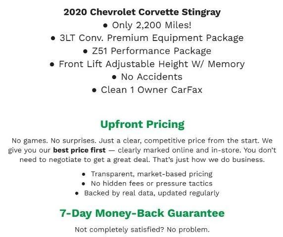 2020 Chevrolet Corvette Stingray 2dr Stingray Conv w/3LT *** LOW MILES***